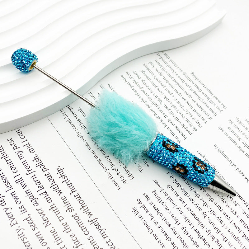 New creative DIY pom-pom bead pen, leopard print full diamond bead ballpoint pen, color cute cartoon pen wholesale