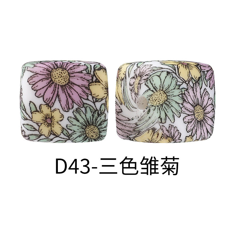 New Square Watermark Silicone Beads 14mm Beaded Spacer DIY Necklace Accessories Square Printing Beads Wholesale