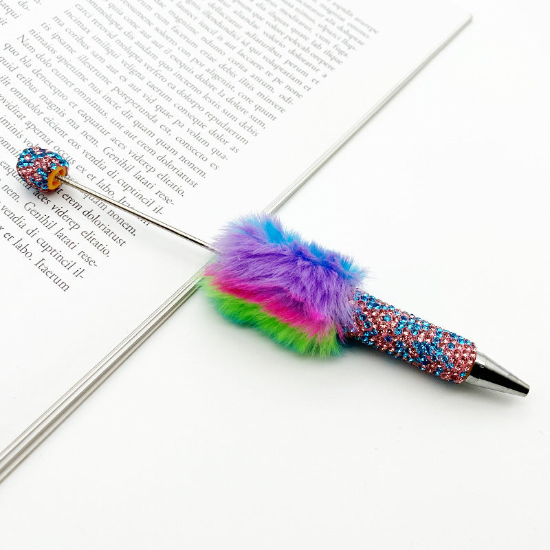 Leopard print hairball heavy industry bead pen DIY full diamond beaded ballpoint pen rainbow color cute plush pen spot wholesale