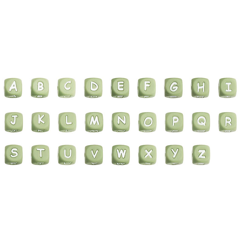 12 Mm Jasmine Green Background White Charactersd European and American English Alphabet Silicone Beads DIY Beaded Jewelry Bracelets Necklaces Food Grade Silicone Alphabet Beads Wholesale