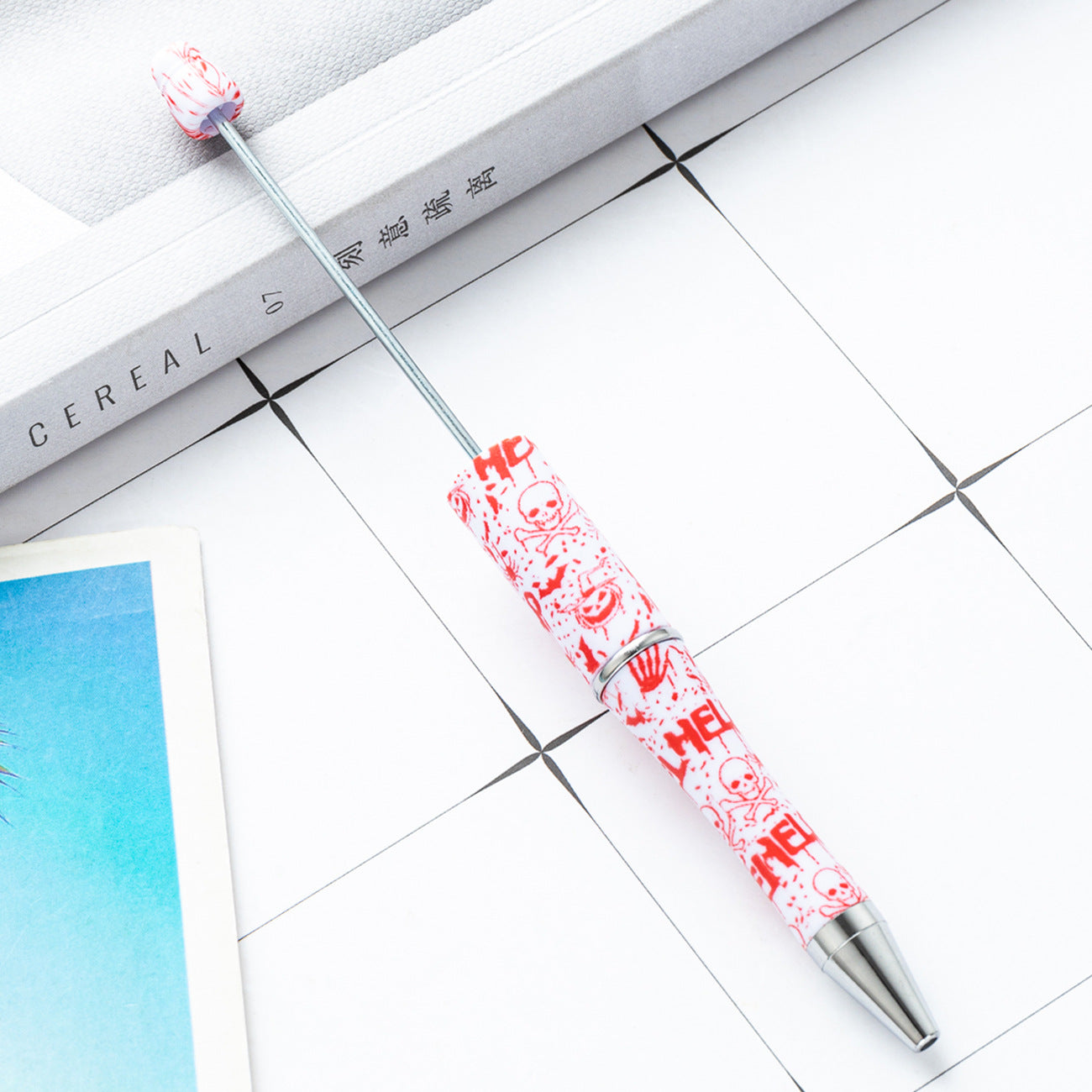 Cross-border new DIY plastic bead pen Christmas Halloween beaded ballpoint pen spot wholesale printing bead pen