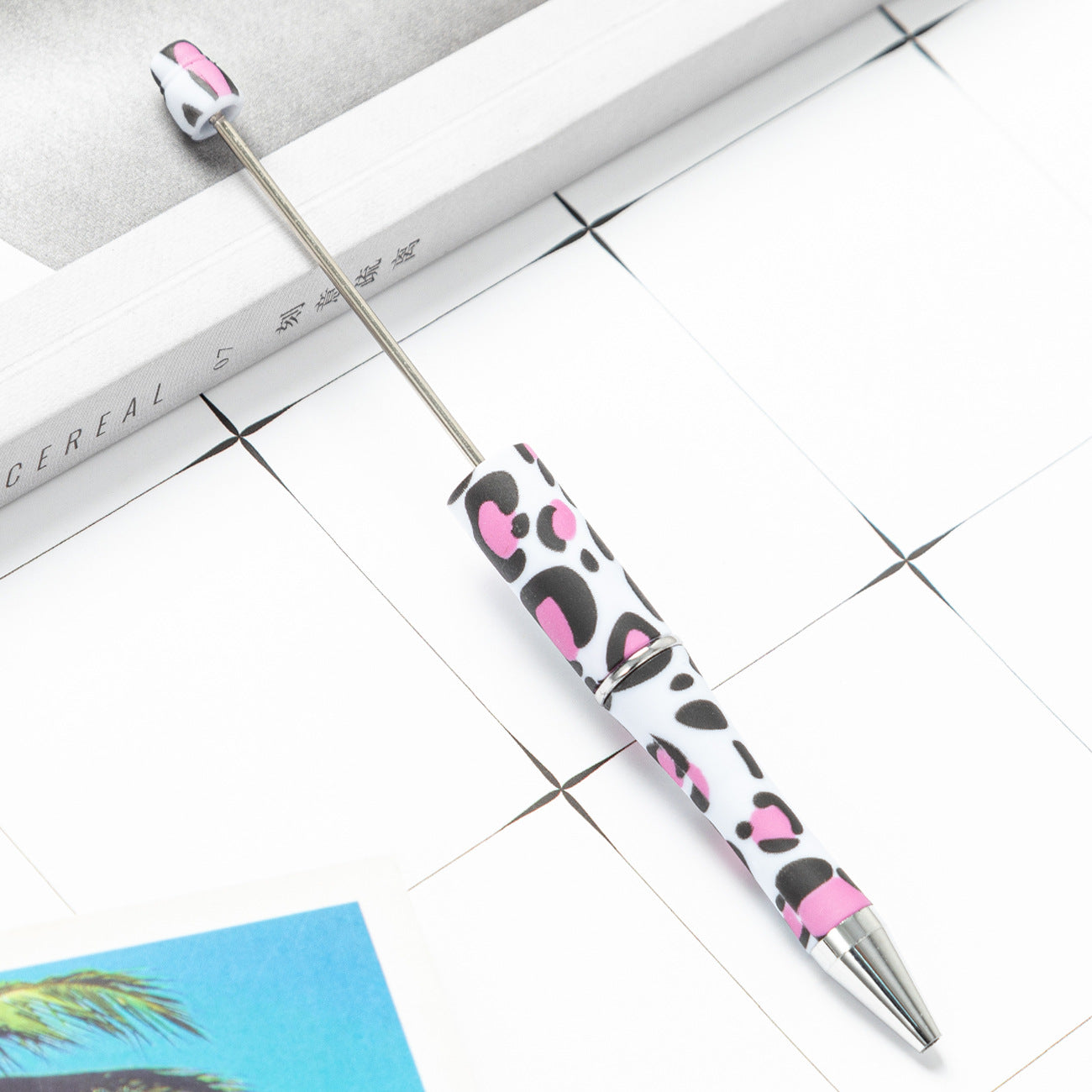 DIY plastic bead pen creative handmade leopard print floral cow bead pen wholesale printing new plastic bead pen