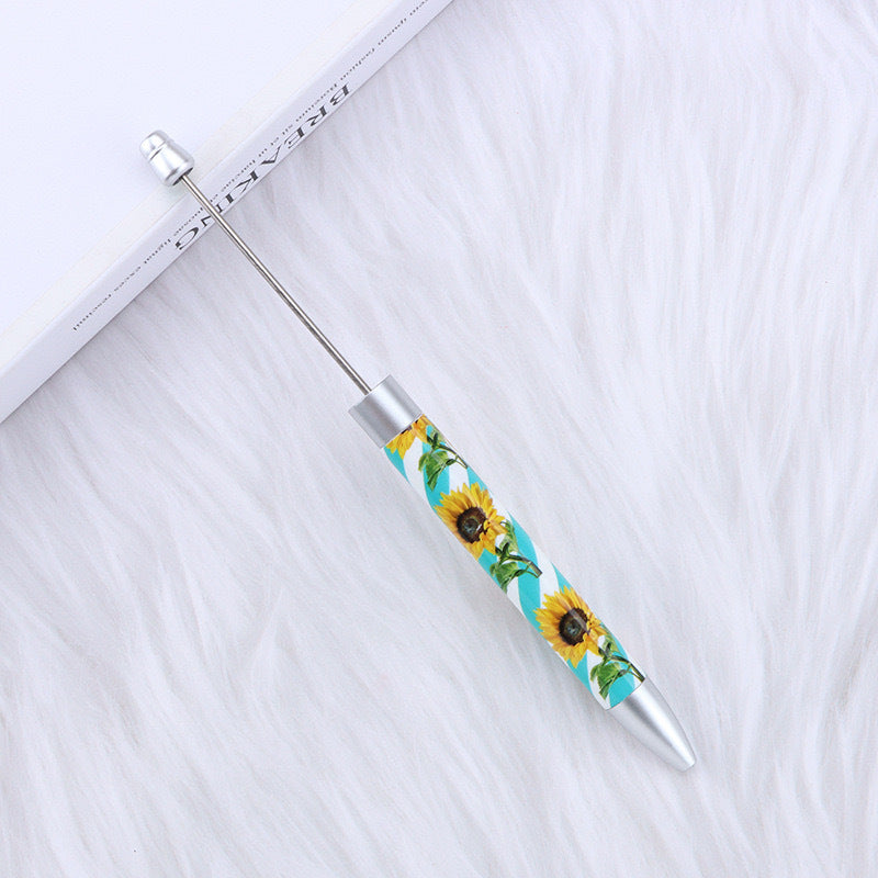 DIY long printed bead pen, national flag sunflower pattern creative cute grain bead pen plastic bead ballpoint pen