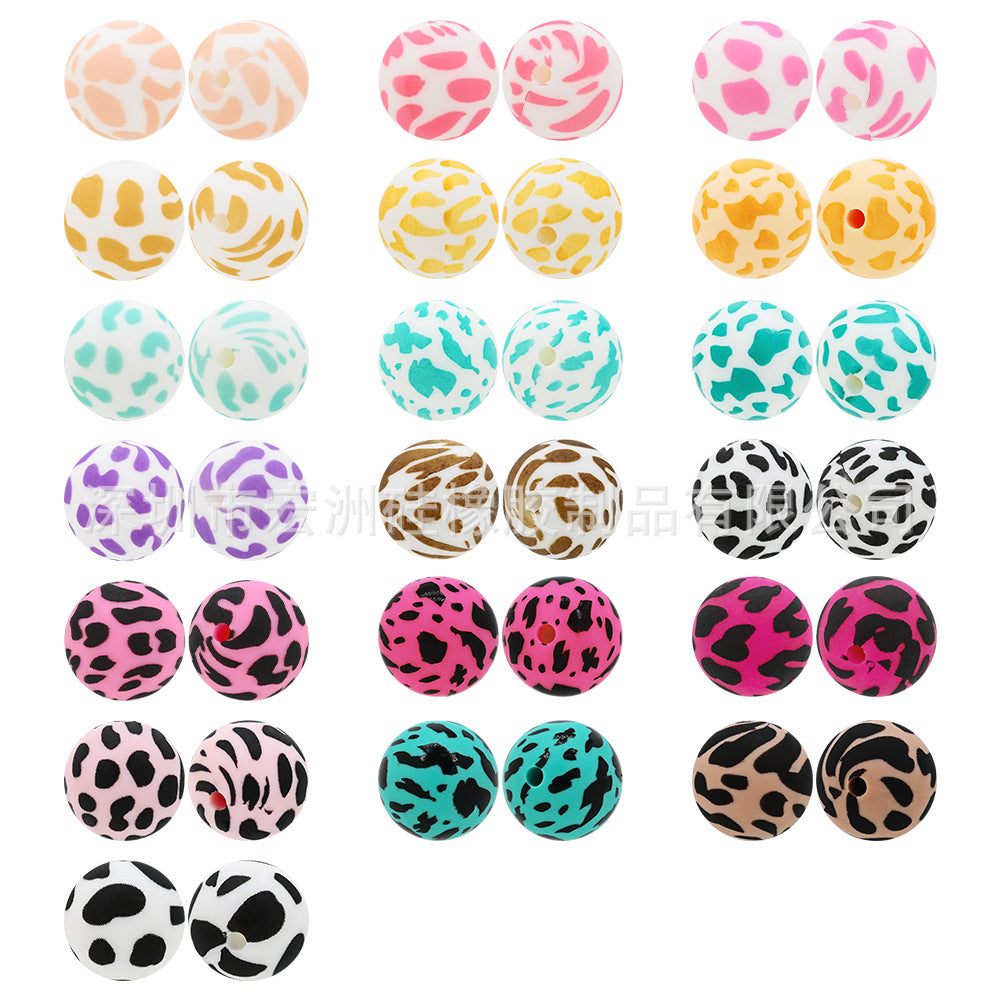 15Mm Cow Series Watermark Food Grade Silicone Round Beads Baby Toothpaste DIY Decorative Loose Beads Spot Wholesale