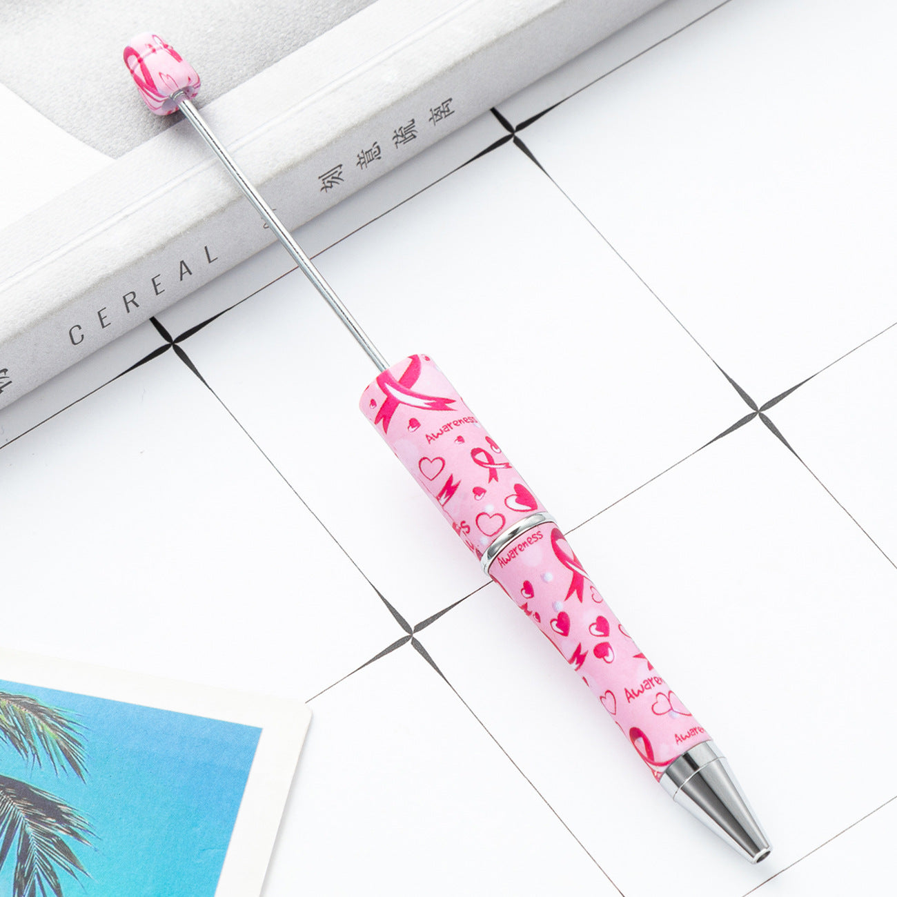 Pink and White Breast Cancer Awareness Ribbon Printed Beadable Pens