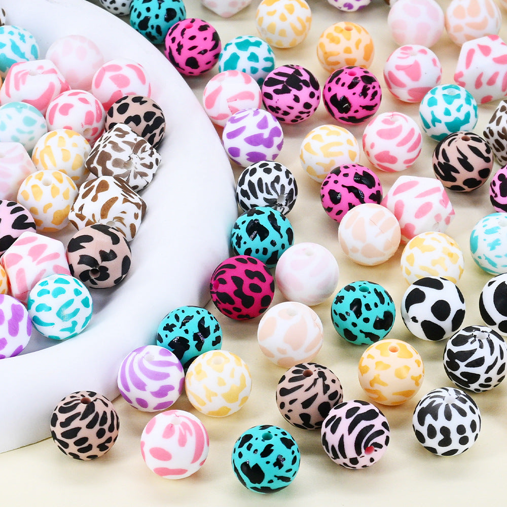 15Mm Cow Series Watermark Food Grade Silicone Round Beads Baby Toothpaste DIY Decorative Loose Beads Spot Wholesale