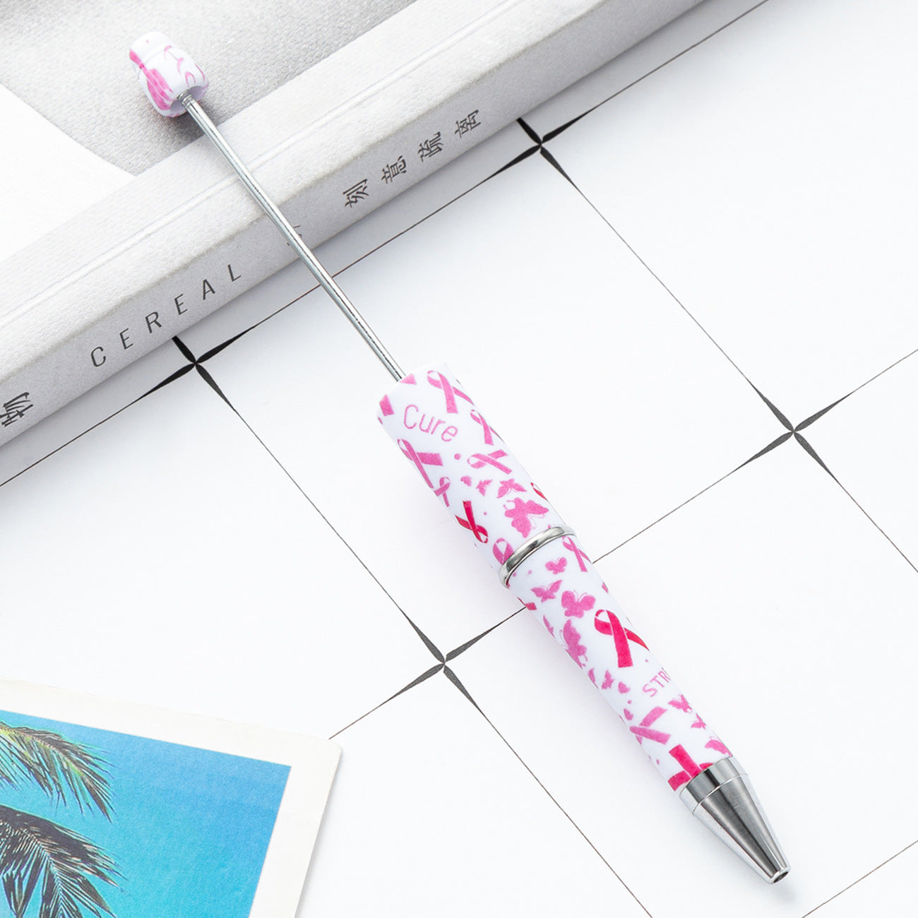 Pink and White Breast Cancer Awareness Ribbon Printed Beadable Pens