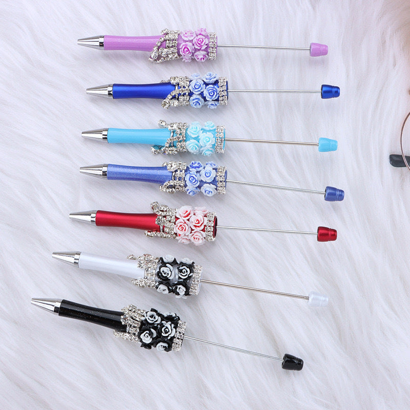 DIY flower pendant bead pen, handmade rose heavy industry ballpoint pen, puzzle bead cute grain gift spot wholesale