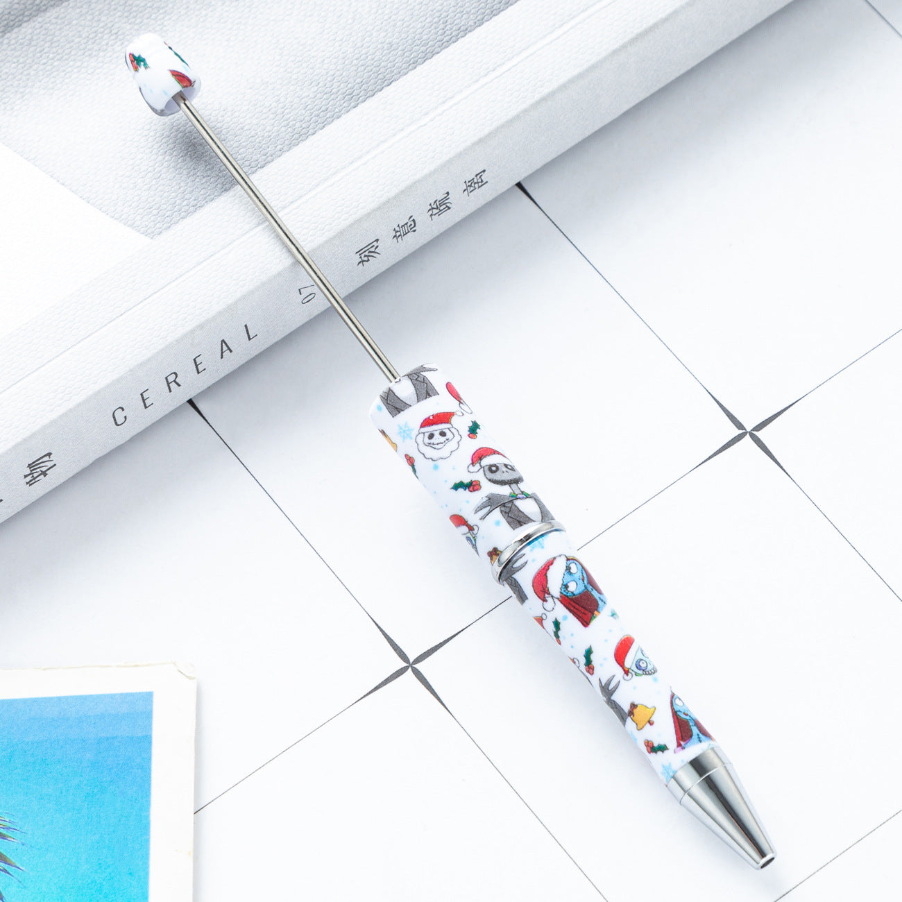 Cross-border new DIY plastic bead pen Christmas Halloween beaded ballpoint pen spot wholesale printing bead pen