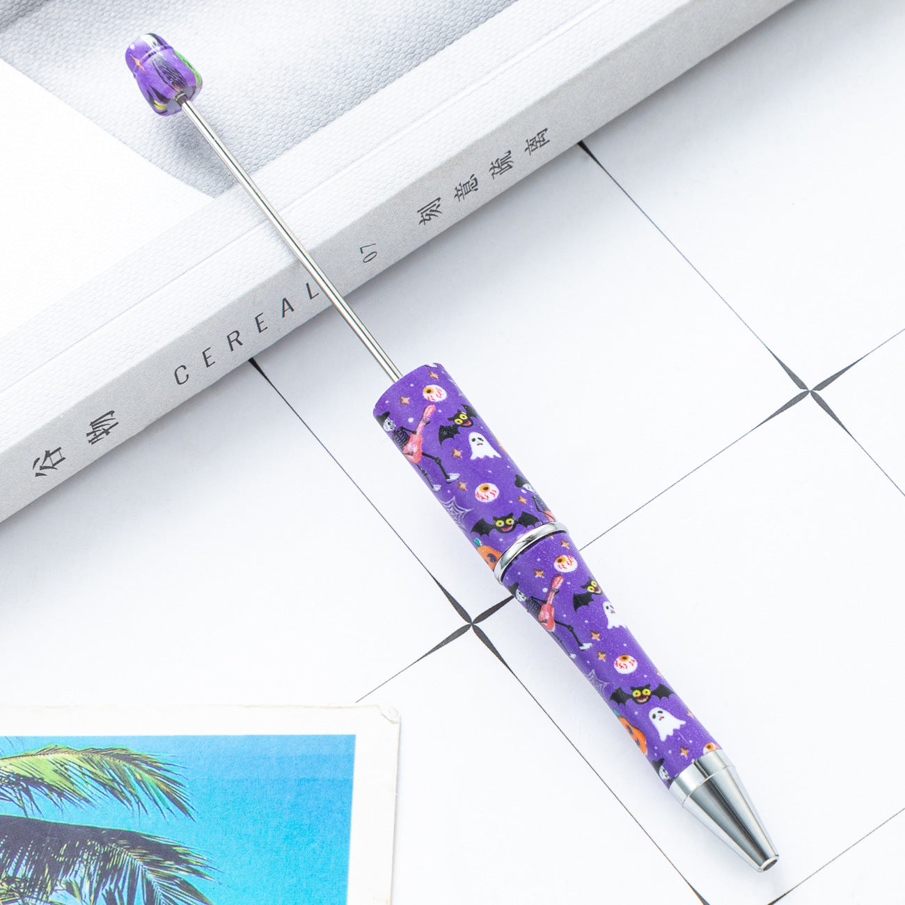 Cross-border new DIY plastic bead pen Christmas Halloween beaded ballpoint pen spot wholesale printing bead pen