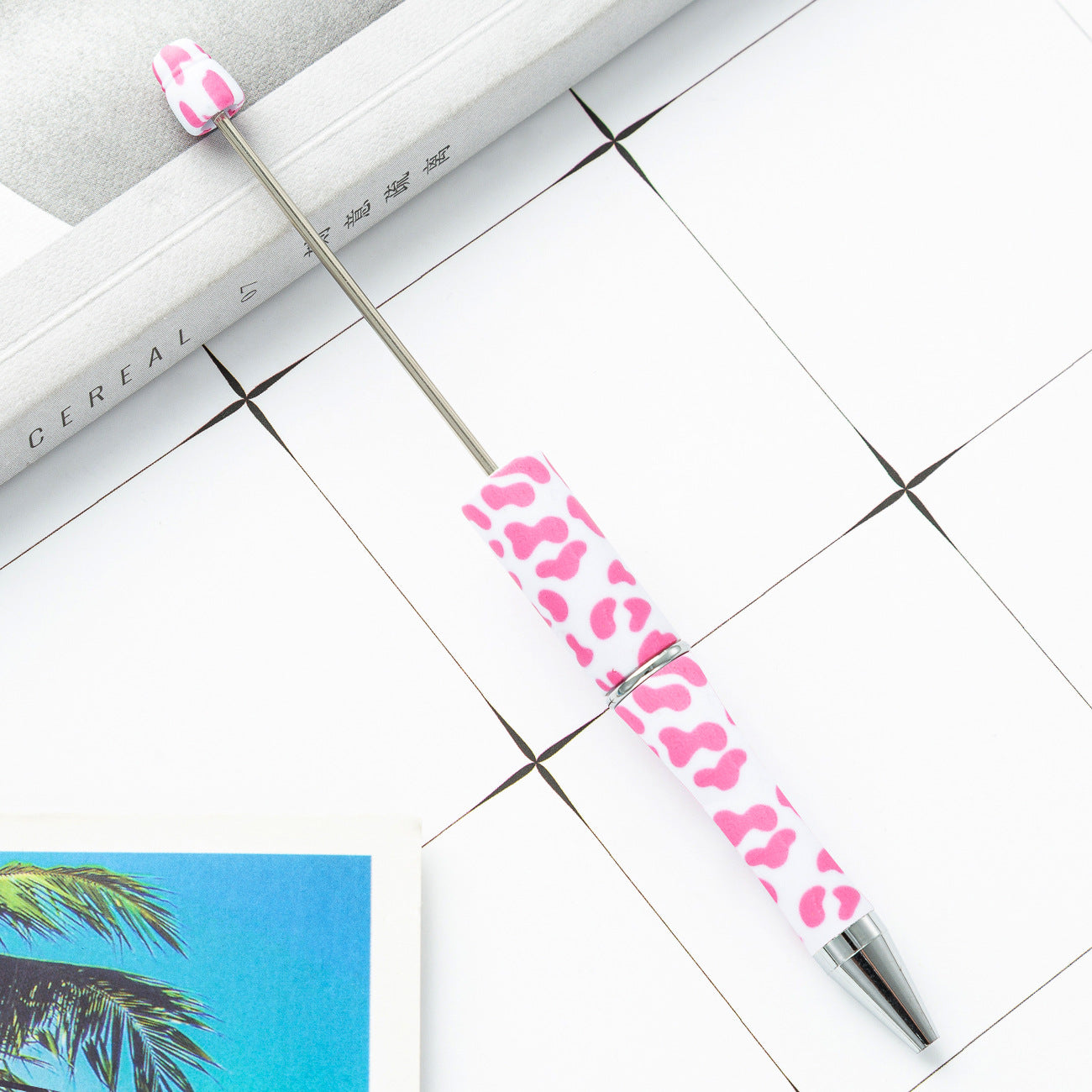 DIY plastic bead pen creative handmade leopard print floral cow bead pen wholesale printing new plastic bead pen