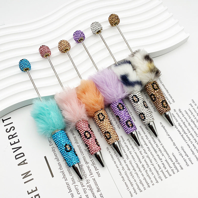 New creative DIY pom-pom bead pen, leopard print full diamond bead ballpoint pen, color cute cartoon pen wholesale