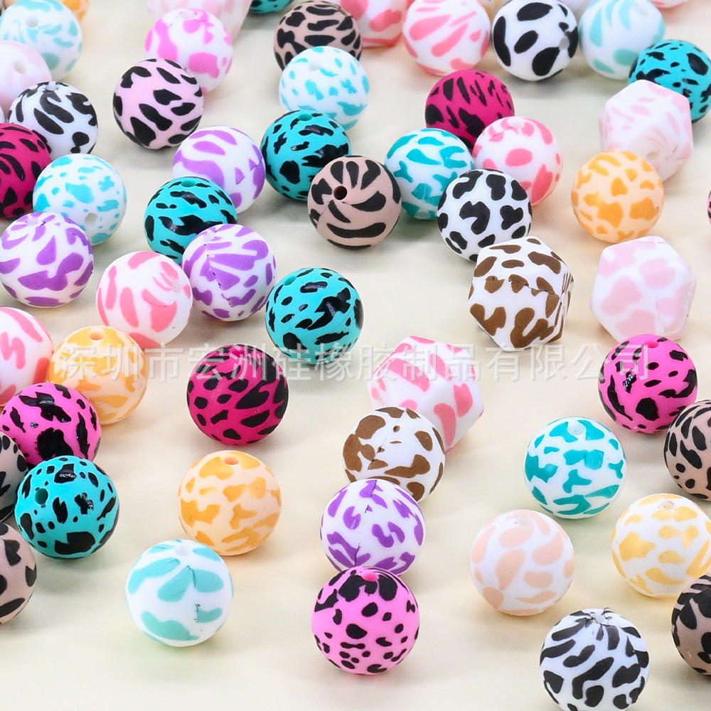 15Mm Cow Series Watermark Food Grade Silicone Round Beads Baby Toothpaste DIY Decorative Loose Beads Spot Wholesale