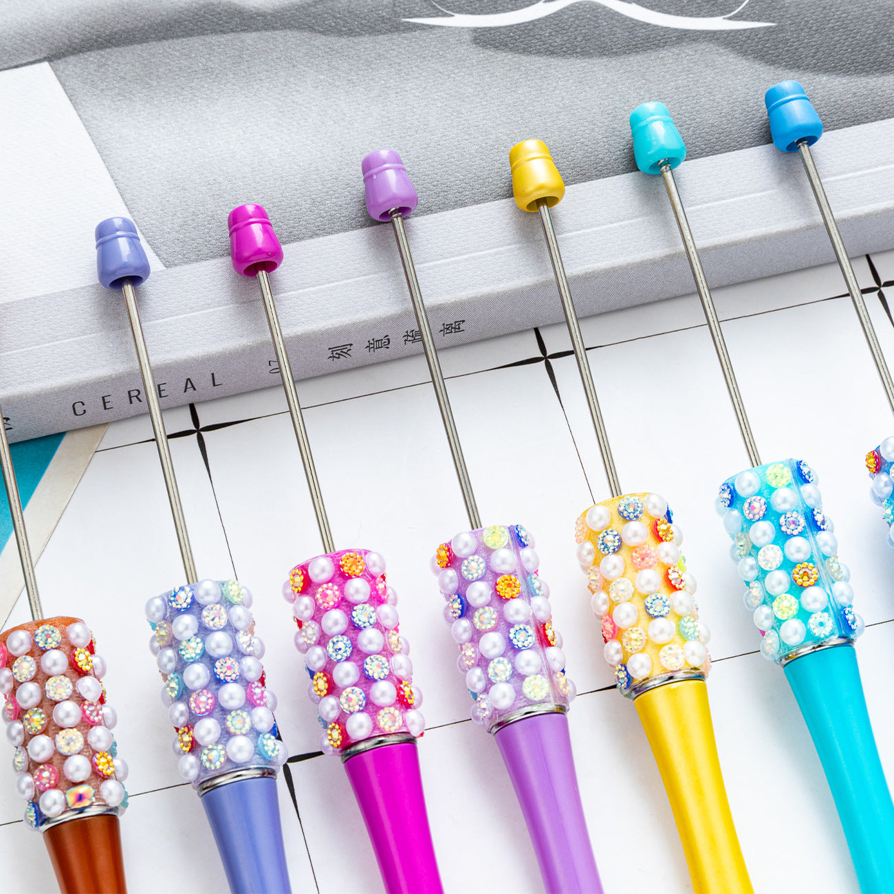 New DIY colorful pearl diamond bead pen dopamine gradual change color beaded ballpoint pen multi-color rotating bead pen