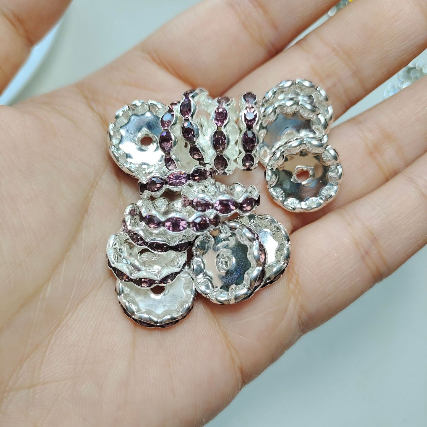 15mm Cross-border Hot-selling Silver Bead Spacer Round Rhinestone Ring Wheel Spacer Wavy Edge Diamond Spacer Accessories