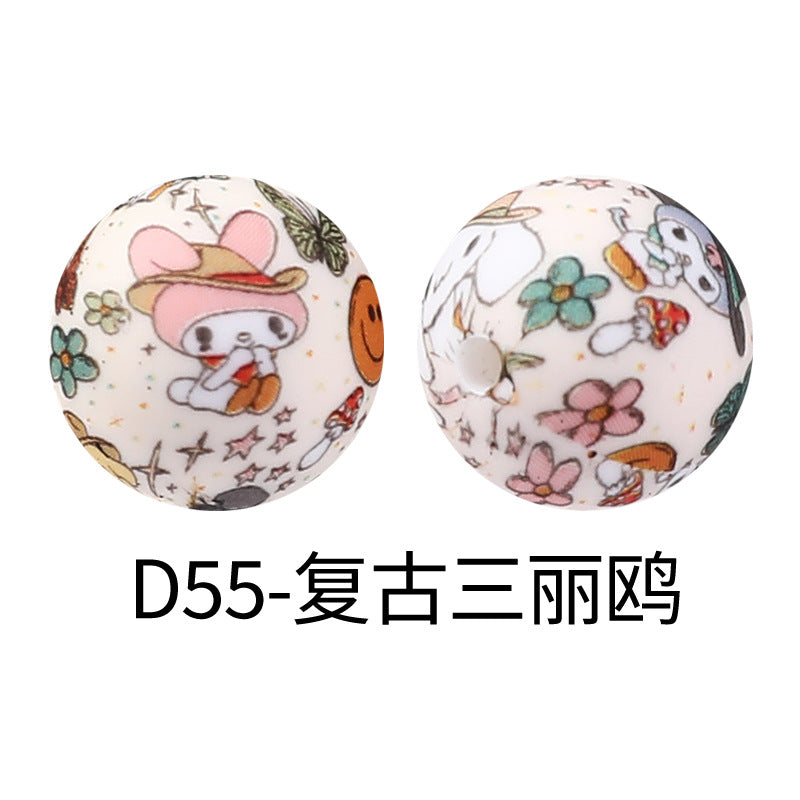 15 Mm Hot-selling Round Water Transfer Silicone Beads Loose Beads Children's Jewelry Boys and Girls DIY Beaded Bracelet Printing Beads