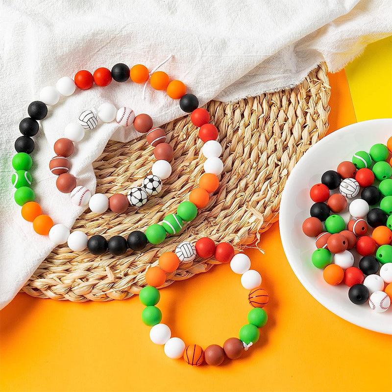 Factory Spot 15mm Silicone Beads Baby Teething Necklace Loose Beads Football Basketball Water Transfer Silicone Beads Wholesale