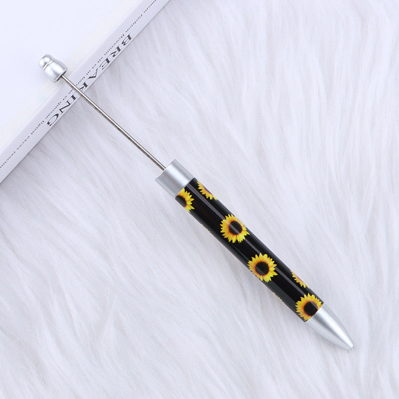 DIY long printed bead pen, national flag sunflower pattern creative cute grain bead pen plastic bead ballpoint pen