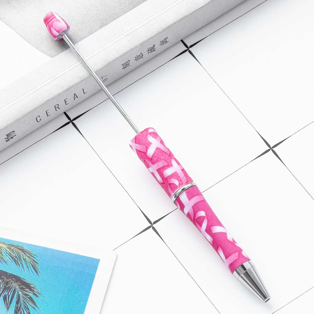 Pink and White Breast Cancer Awareness Ribbon Printed Beadable Pens