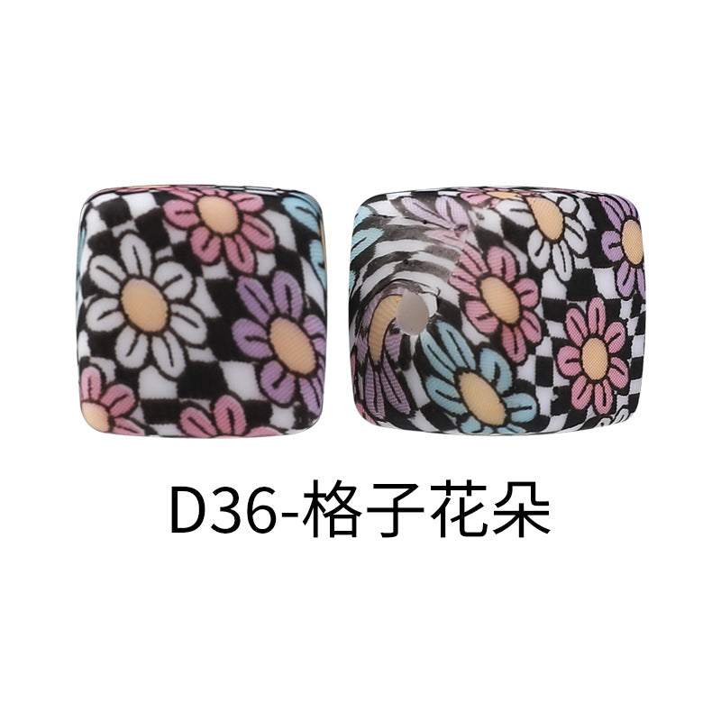 New Square Watermark Silicone Beads 14mm Beaded Spacer DIY Necklace Accessories Square Printing Beads Wholesale