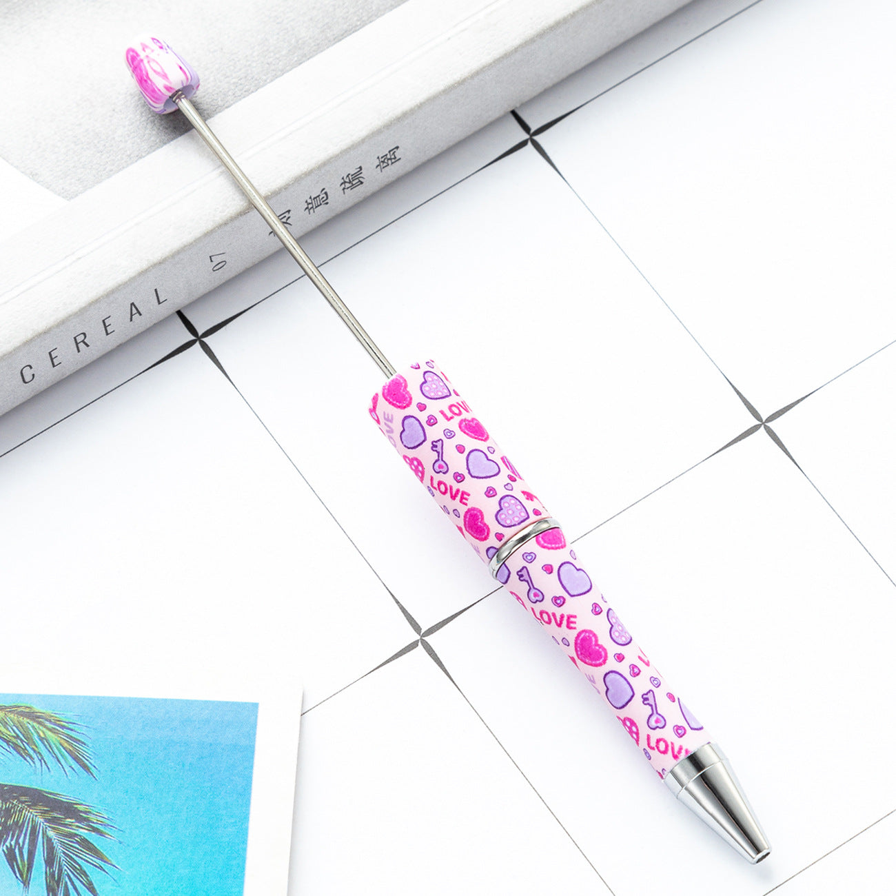 Creative DIY plastic bead pen Valentine's Day love series beaded ballpoint pen spot wholesale printing bead pen