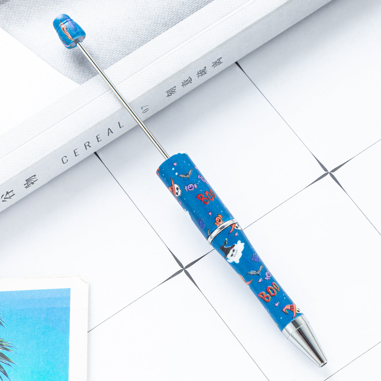 Cross-border new DIY plastic bead pen Christmas Halloween beaded ballpoint pen spot wholesale printing bead pen
