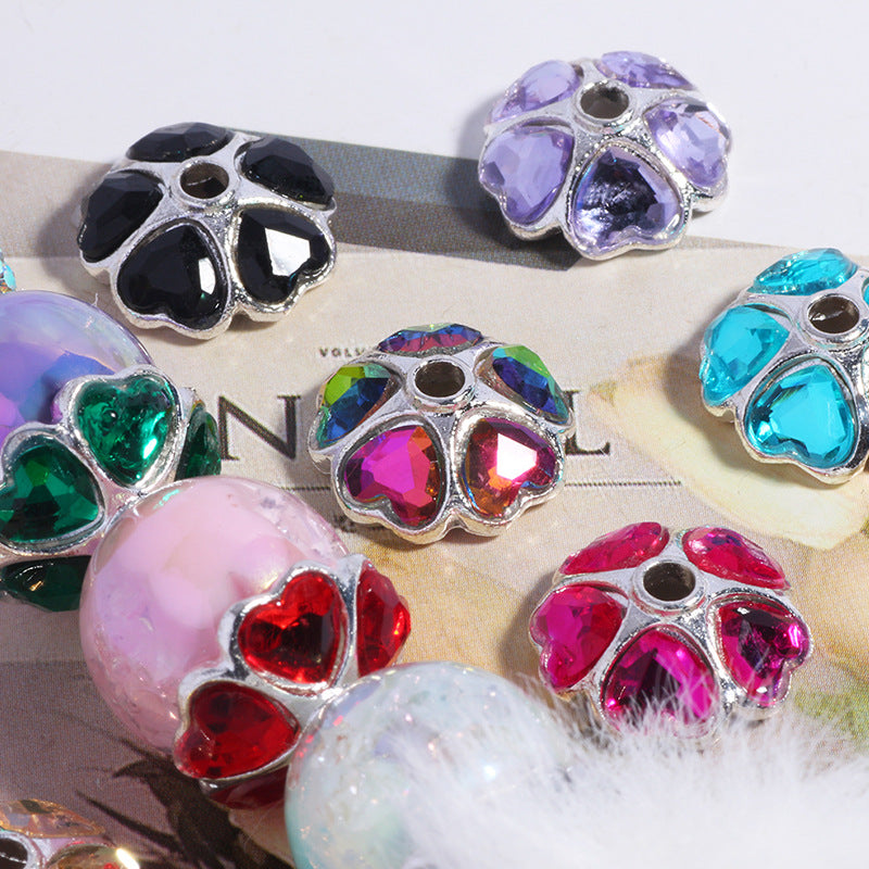 2025 New Random Mixed Color 15mm Heart-Shaped Diamond Alloy Rhinestone Flower Tray Color DIY Bead Spacer Mobile Phone Key Chain Necklace Bag Chain Accessories
