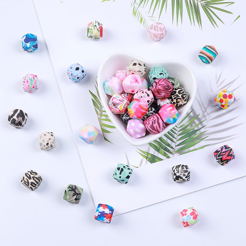 Spot 14mm Hexagonal Silicone Beads Water Transfer Octagonal Beads DIY Baby Toothpaste Anti-drop Chain Loose Beads Random Mix
