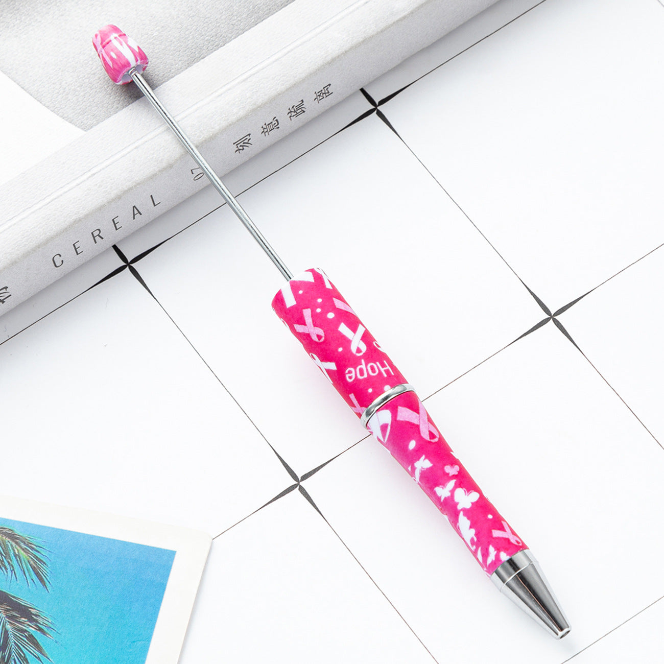 Pink and White Breast Cancer Awareness Ribbon Printed Beadable Pens