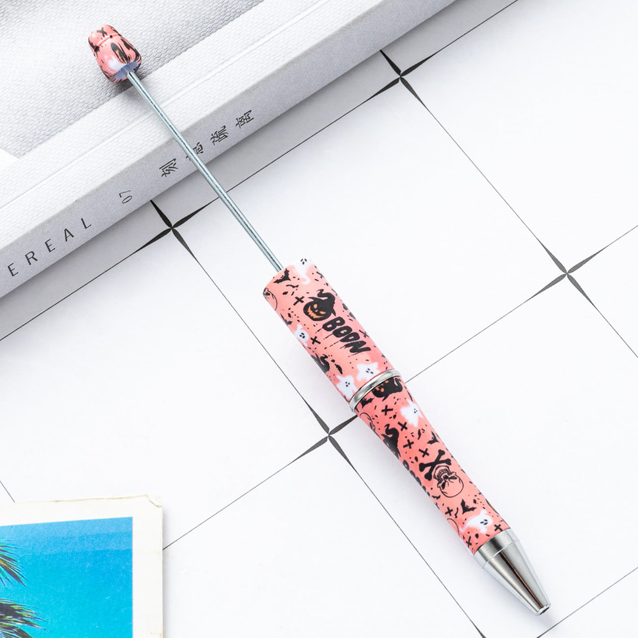 Cross-border new DIY plastic bead pen Christmas Halloween beaded ballpoint pen spot wholesale printing bead pen