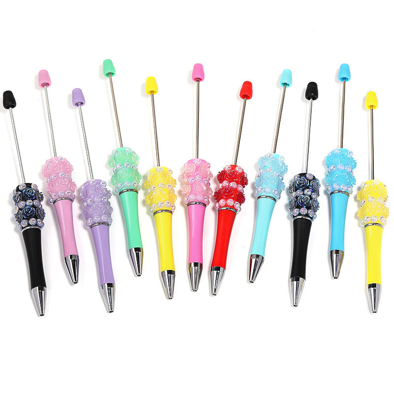 Heavy Industry Pearl Camellia DIY Beaded Pen Resin Rose DIY Beaded Rotary Ballpoint Pen Spot Wholesale