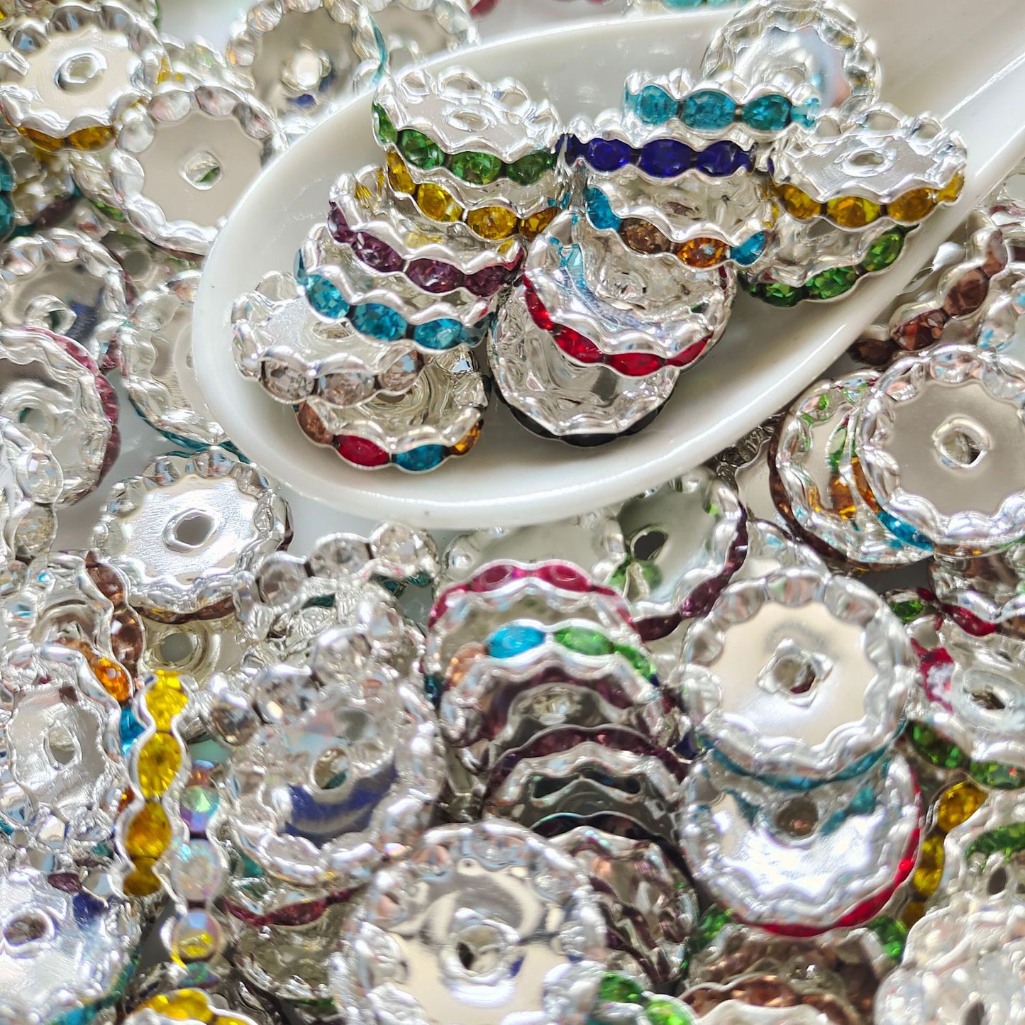 15mm Cross-border Hot-selling Silver Bead Spacer Round Rhinestone Ring Wheel Spacer Wavy Edge Diamond Spacer Accessories