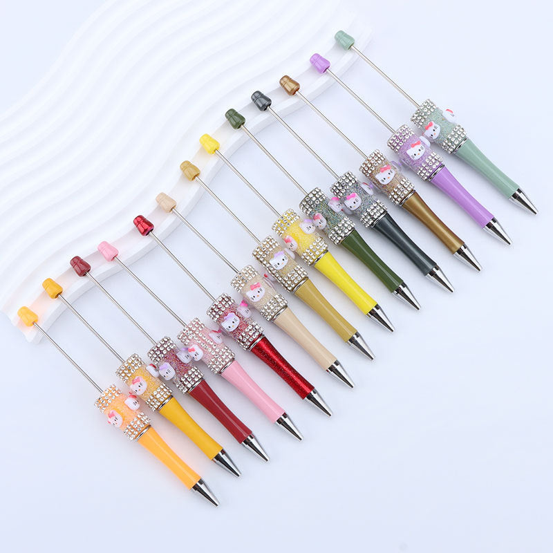 New KT cat litter sugar string bead pen DIY handmade cute fantasy cartoon cat cute jingle cat beaded ballpoint pen