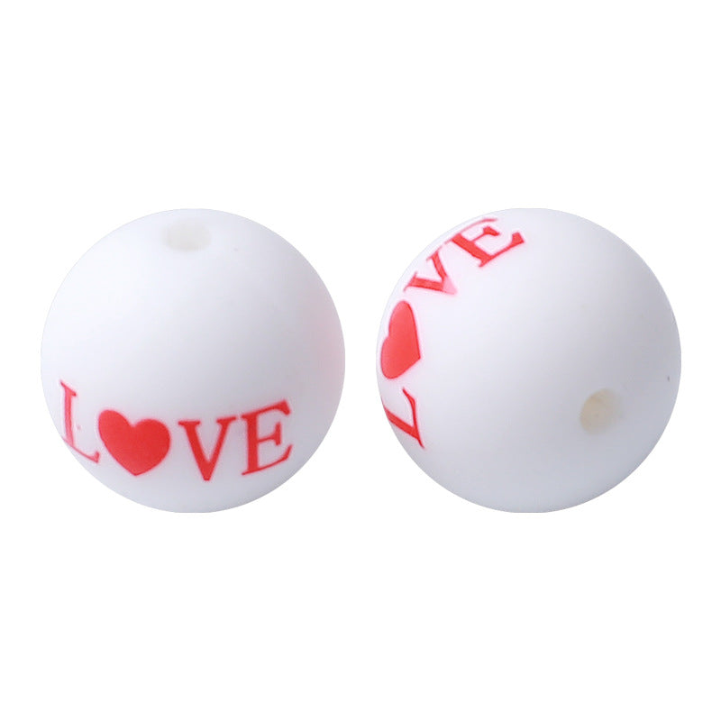 15mm Hot-selling New Valentine's Day Silicone Beads Printing Round Beads DIY Baby Toothpaste Anti-drop Chain Loose Beads Wholesale