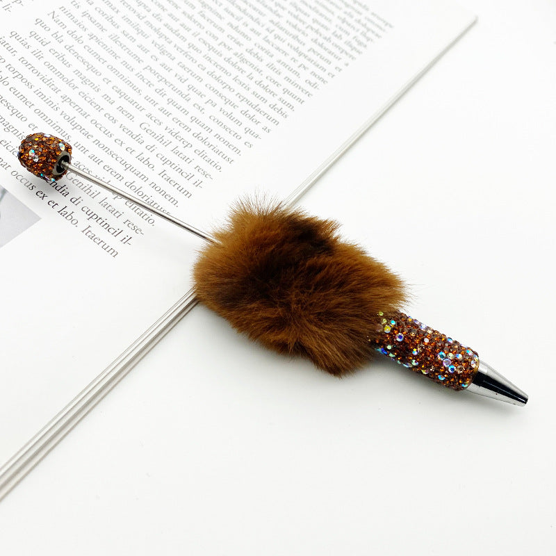 Leopard print hairball heavy industry bead pen DIY full diamond beaded ballpoint pen rainbow color cute plush pen spot wholesale