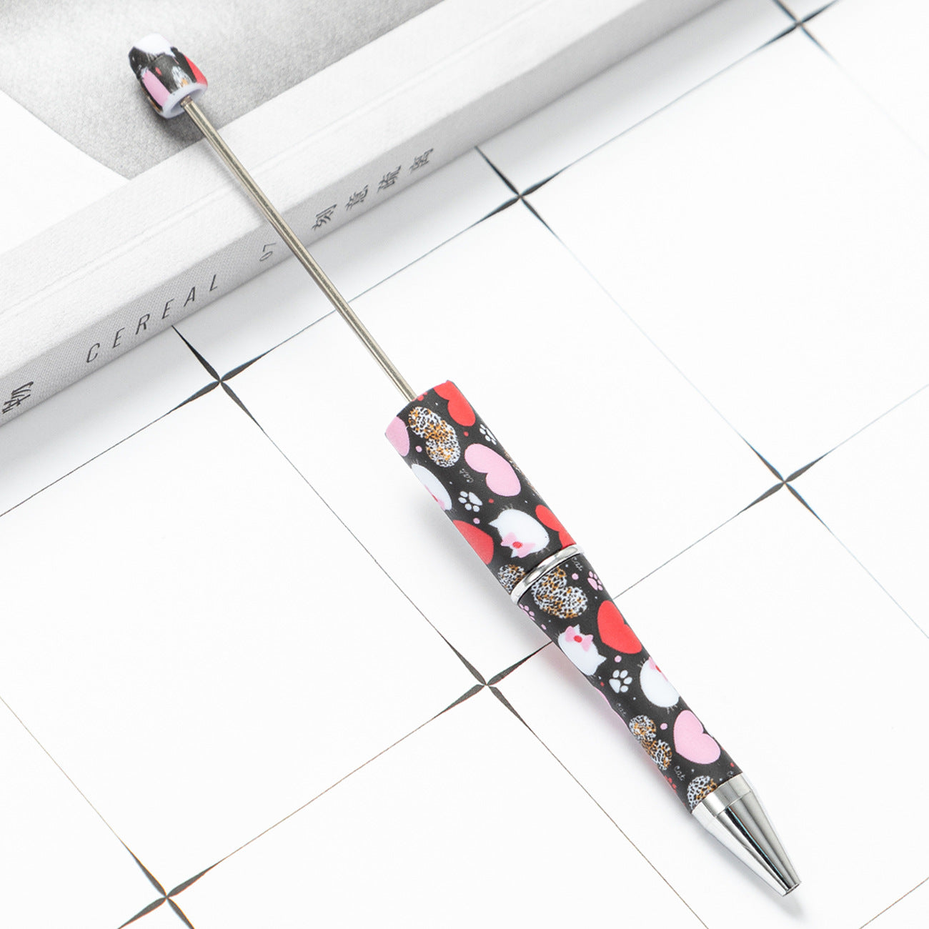 DIY plastic bead pen creative handmade leopard print floral cow bead pen wholesale printing new plastic bead pen