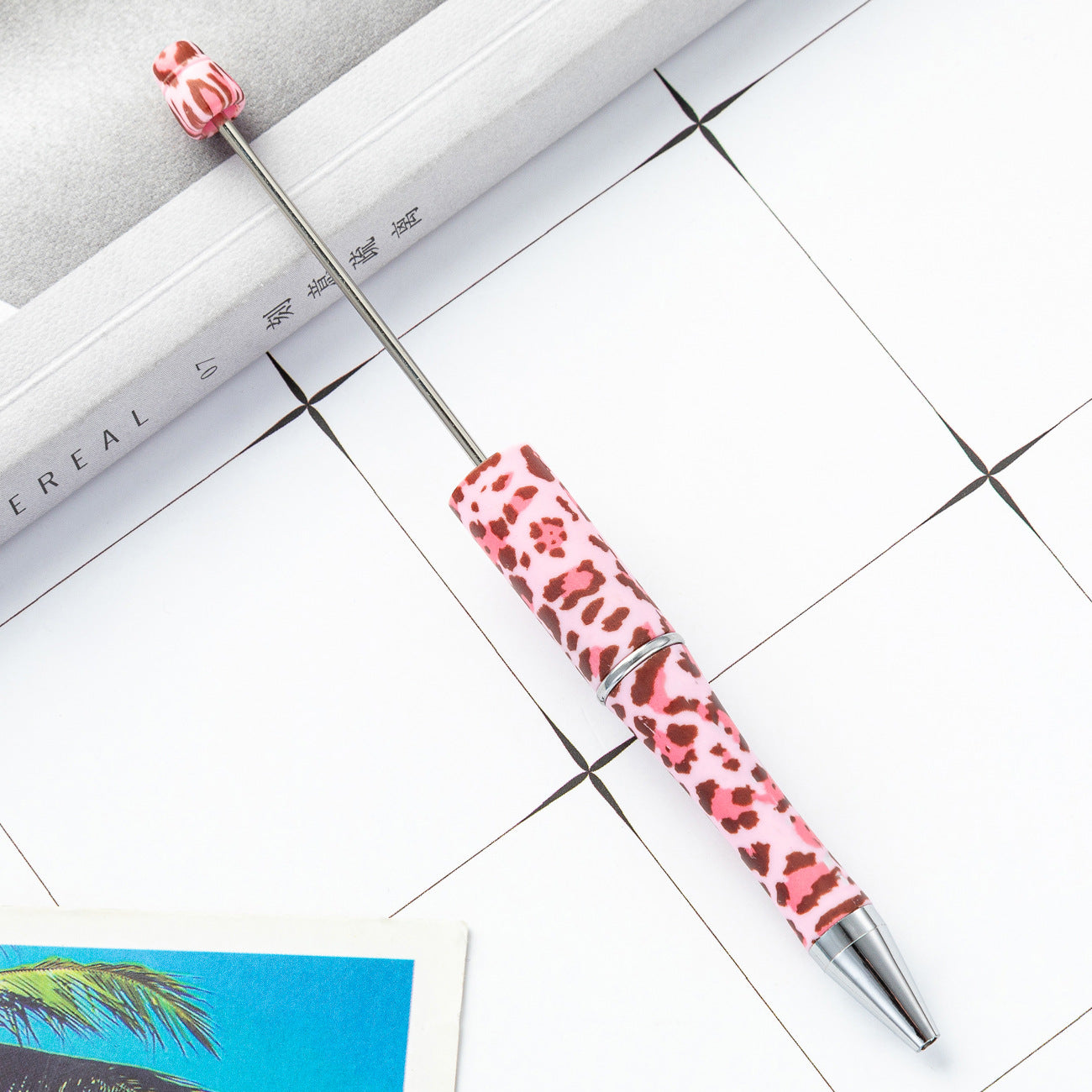 DIY plastic bead pen creative handmade leopard print floral cow bead pen wholesale printing new plastic bead pen
