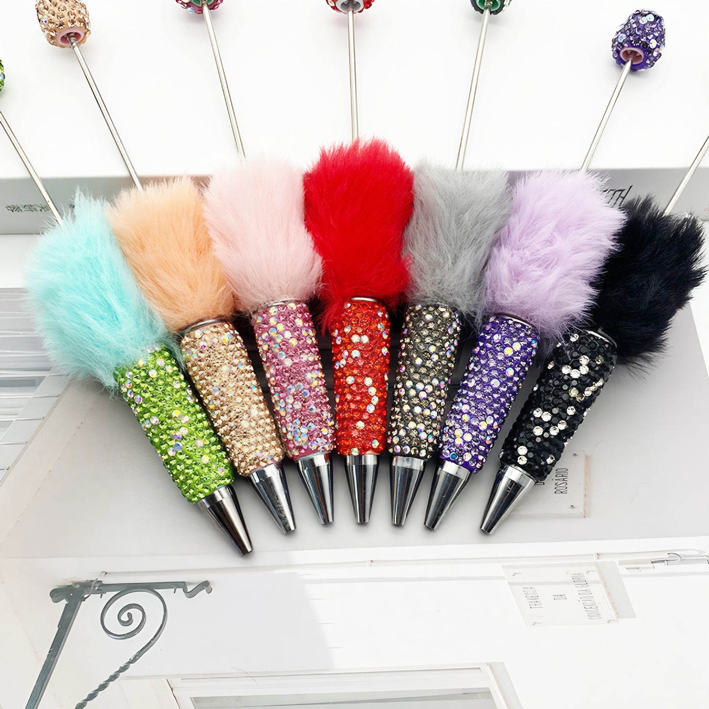 Hairball AB full drill bead pen, pen cap with drill pure hand sticker drill ballpoint pen beadedpen cute plush pen