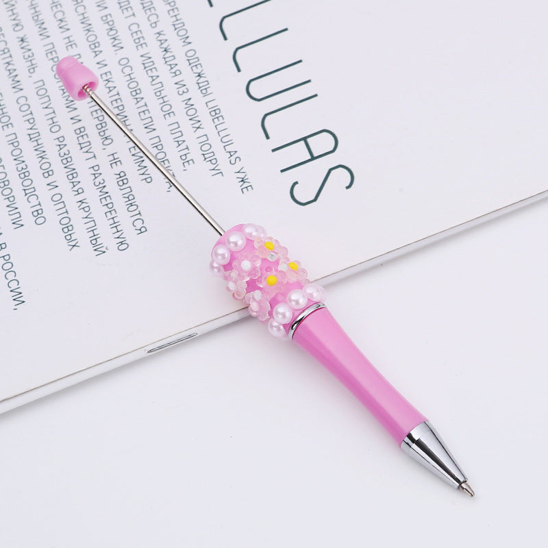 Cross-border DIY pearl flower bead pen handmade patch plastic ballpoint pen, cartoon flower bone pearl gift pen