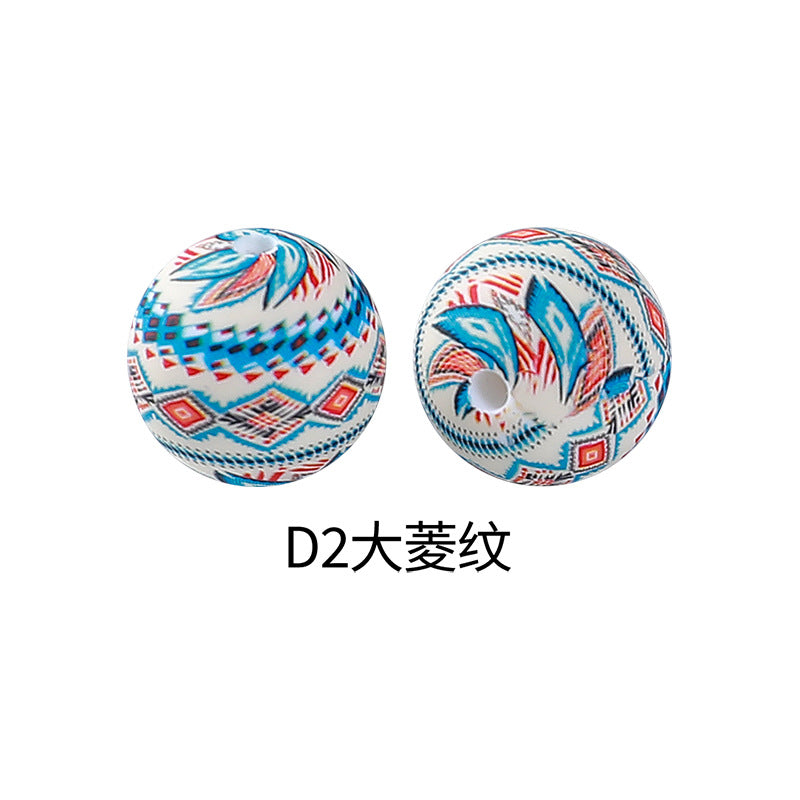 15mm new rhombus pattern silicone beads water transfer leopard print bracelet beaded jewelry silicone loose beads wholesale