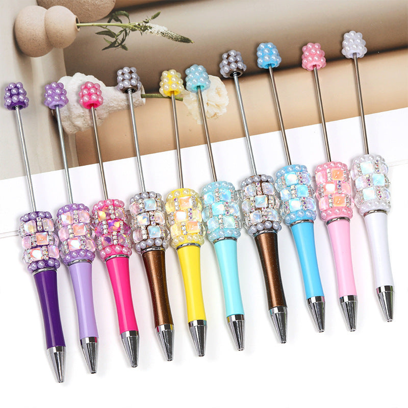 Creative DIY bead pen heavy industry high value square diamond pearl diamond bead pen multi-color plastic rotating ballpoint pen