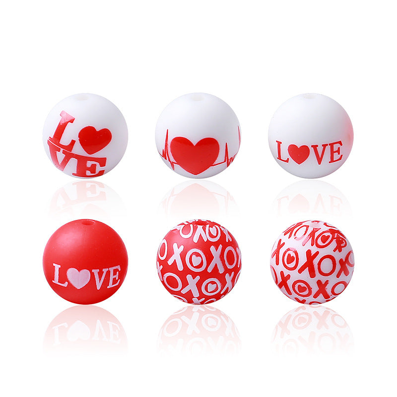 15mm Hot-selling New Valentine's Day Silicone Beads Printing Round Beads DIY Baby Toothpaste Anti-drop Chain Loose Beads Wholesale