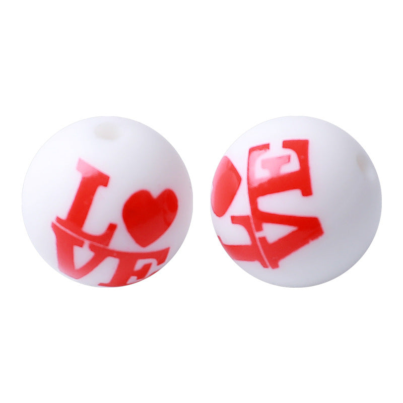 15mm Hot-selling New Valentine's Day Silicone Beads Printing Round Beads DIY Baby Toothpaste Anti-drop Chain Loose Beads Wholesale