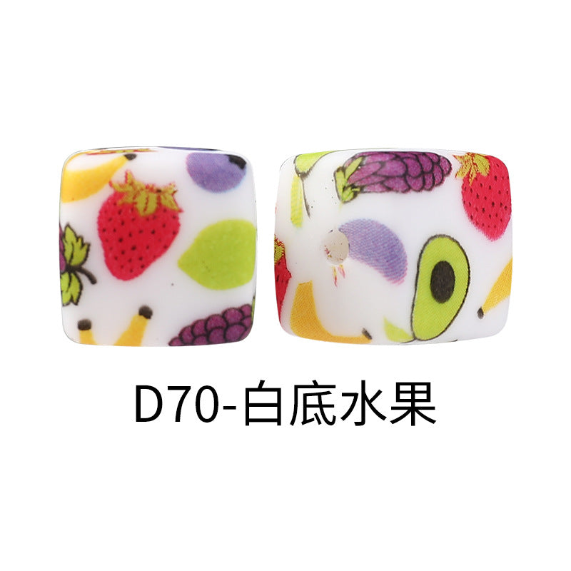 New Square Watermark Silicone Beads 14mm Beaded Spacer DIY Necklace Accessories Square Printing Beads Wholesale