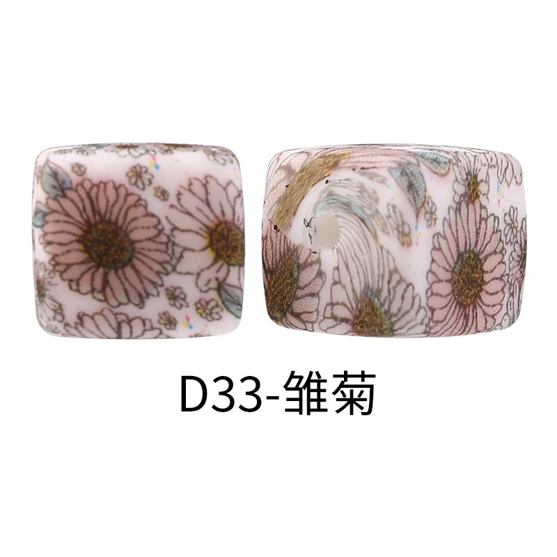 New Square Watermark Silicone Beads 14mm Beaded Spacer DIY Necklace Accessories Square Printing Beads Wholesale