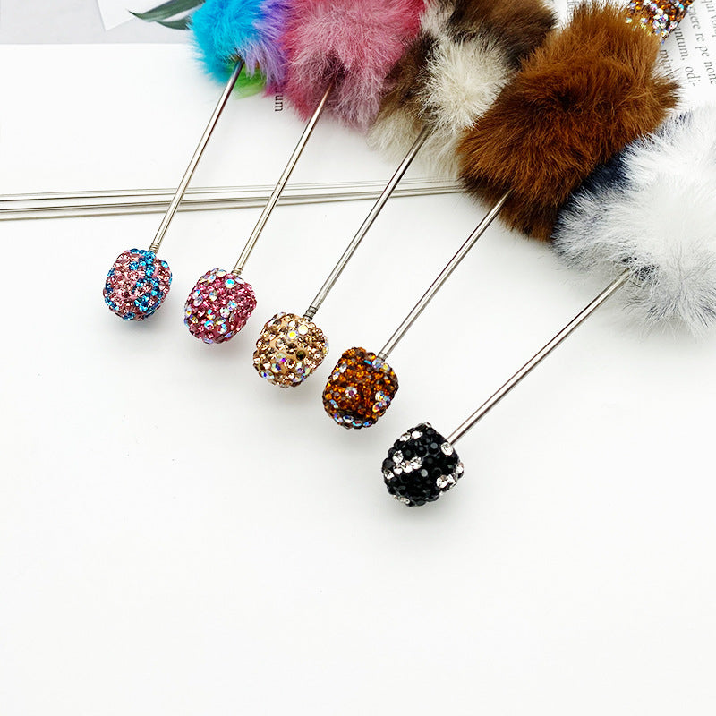 Leopard print hairball heavy industry bead pen DIY full diamond beaded ballpoint pen rainbow color cute plush pen spot wholesale
