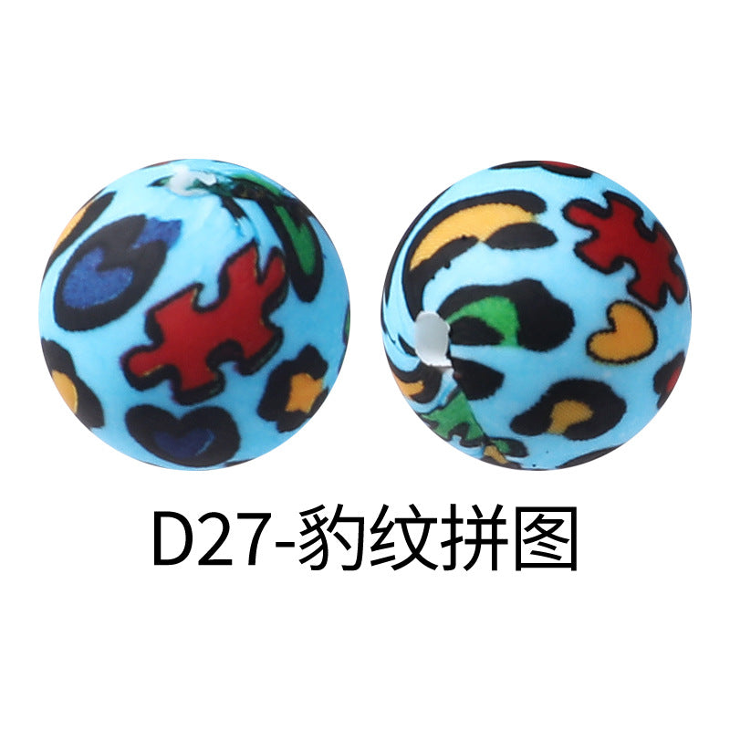 15mm new rhombus pattern silicone beads water transfer leopard print bracelet beaded jewelry silicone loose beads wholesale