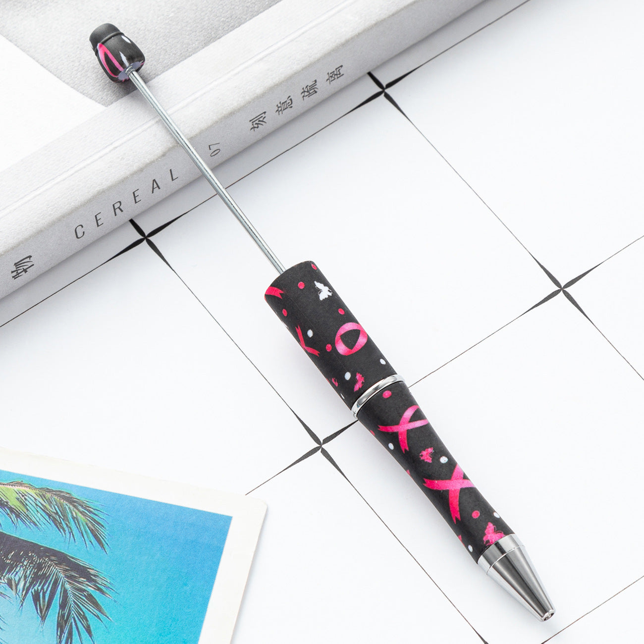 Pink and White Breast Cancer Awareness Ribbon Printed Beadable Pens