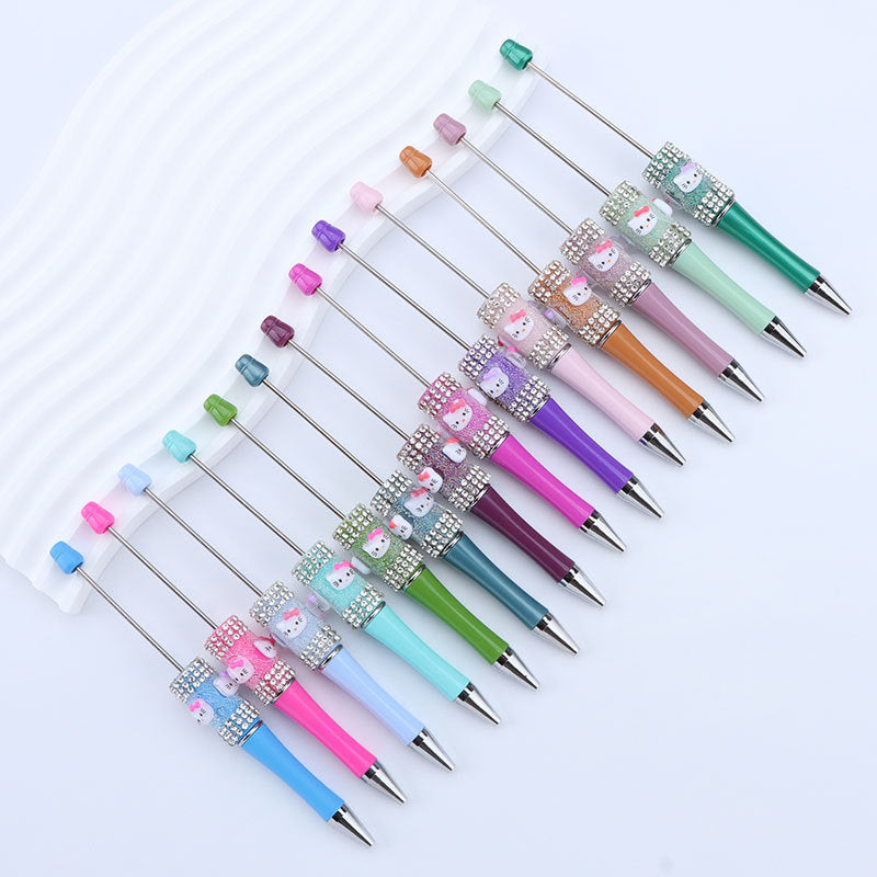New KT cat litter sugar string bead pen DIY handmade cute fantasy cartoon cat cute jingle cat beaded ballpoint pen