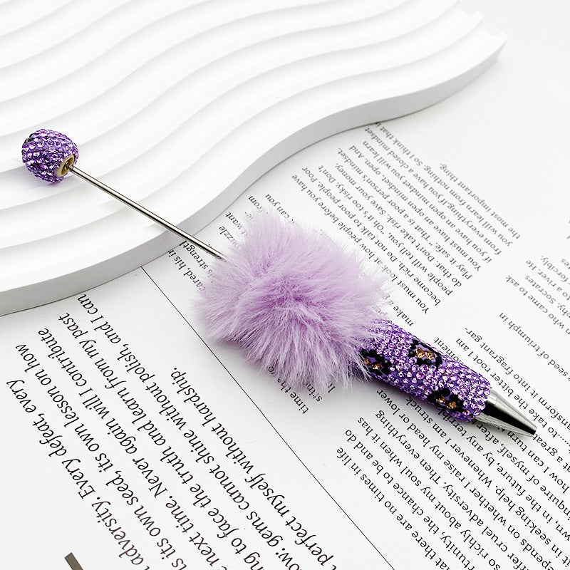 New creative DIY pom-pom bead pen, leopard print full diamond bead ballpoint pen, color cute cartoon pen wholesale